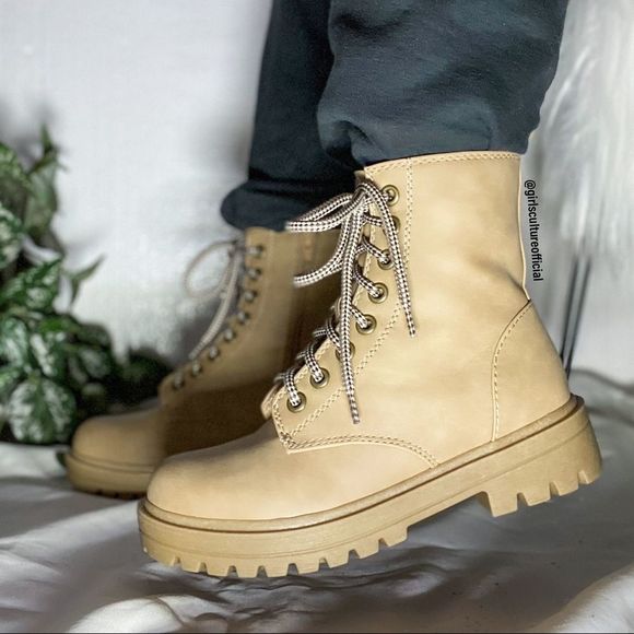 Shoes - Beige Combat Biker Platform Booties